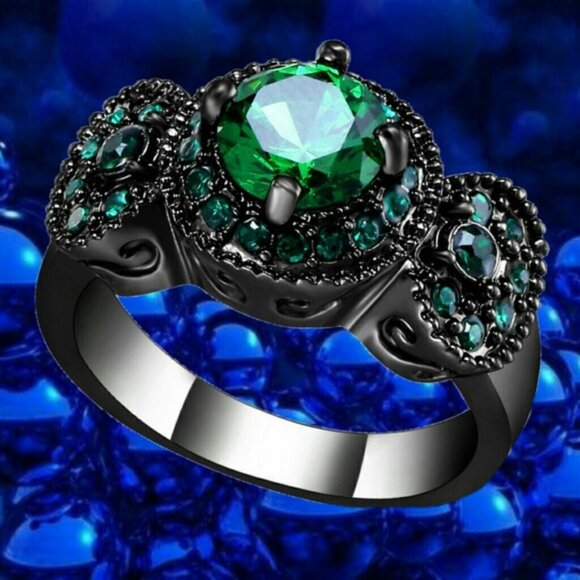 Round Cut Emerald Ring 18KT Black Gold Filled Size - Picture 1 of 5